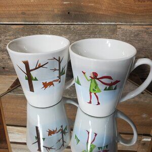 Set of Two Designpac Coffee Mugs - Girl and Fox - Winter Scene - Hot Cocoa